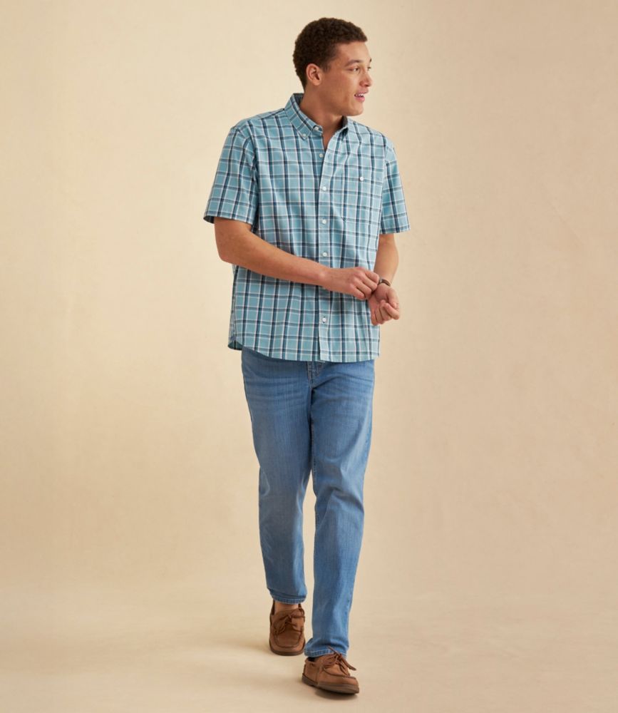 Men's Comfort Stretch® Chambray Shirt, Traditional Untucked Fit, Short-Sleeve, Plaid - US 9046