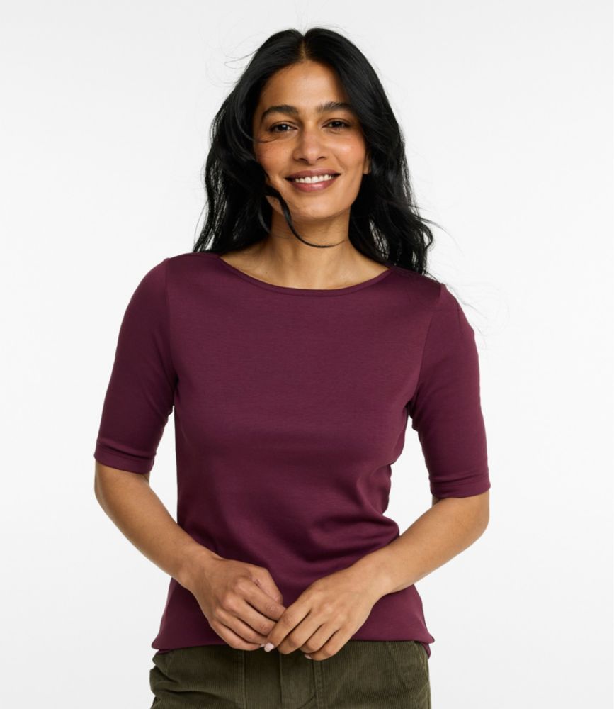 Women's Pima Cotton Tee, Elbow-Sleeve Boatneck - US 8400