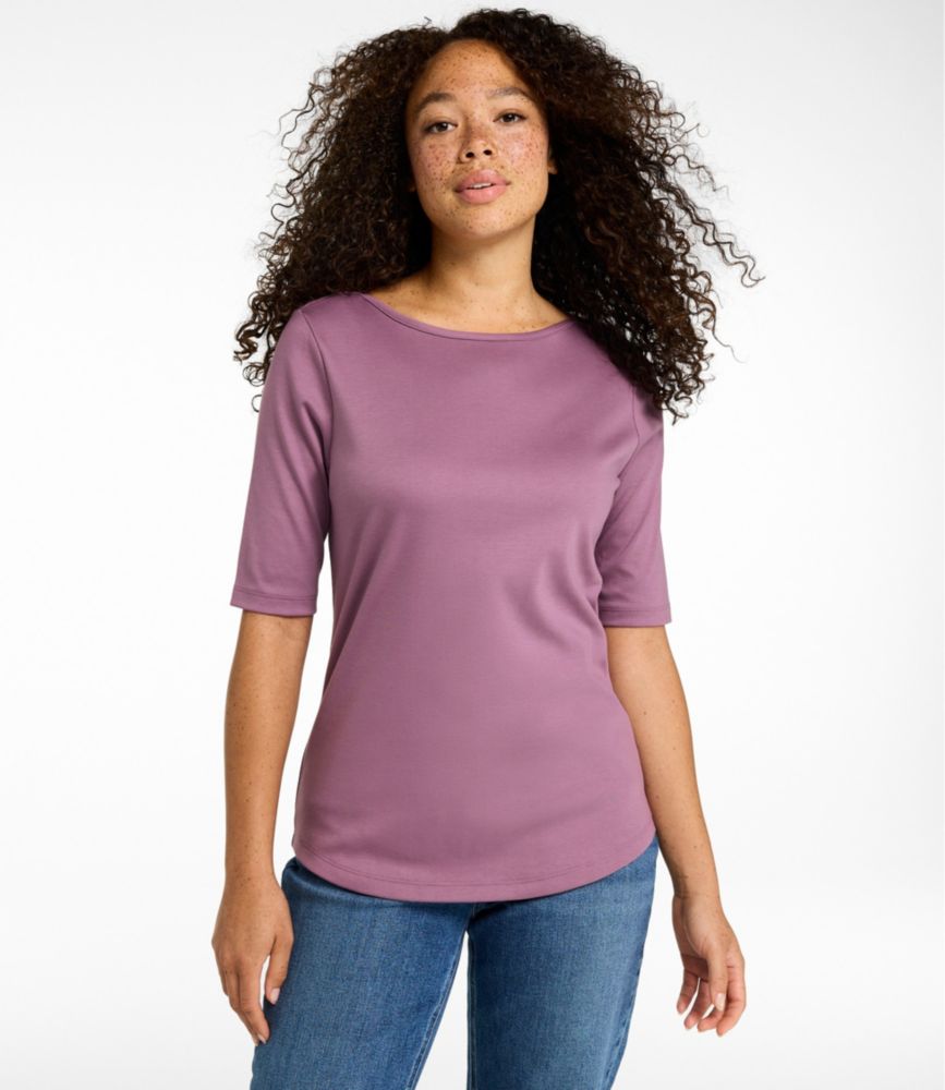 Women's Pima Cotton Tee, Elbow-Sleeve Boatneck - US 0387