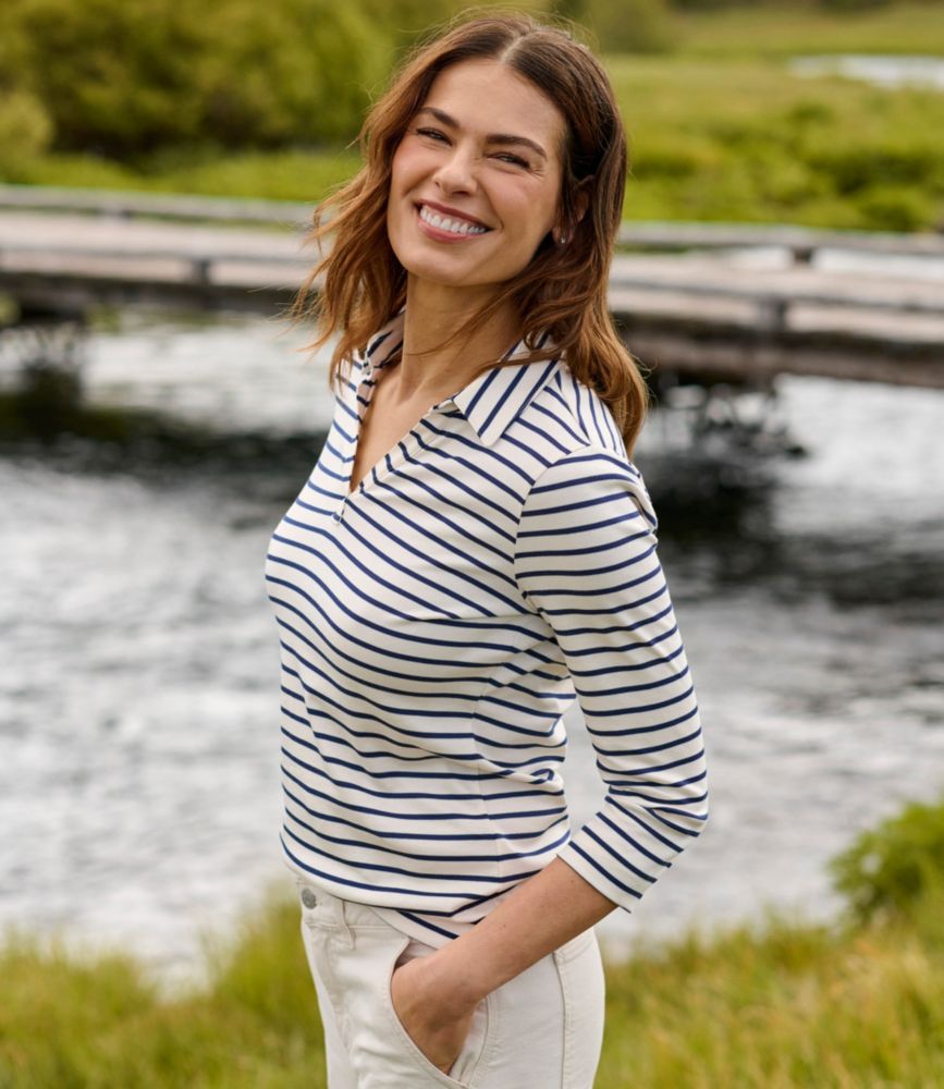 Women's Pima Cotton Tee, Three-Quarter-Sleeve Polo Stripe - US 5694