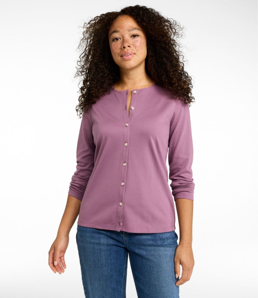 Women's Pima Cotton Tee, Long-Sleeve Crewneck Cardigan - US 9672