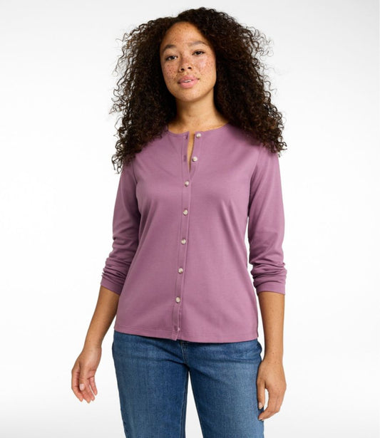Women's Pima Cotton Tee, Long-Sleeve Crewneck Cardigan - US 9672