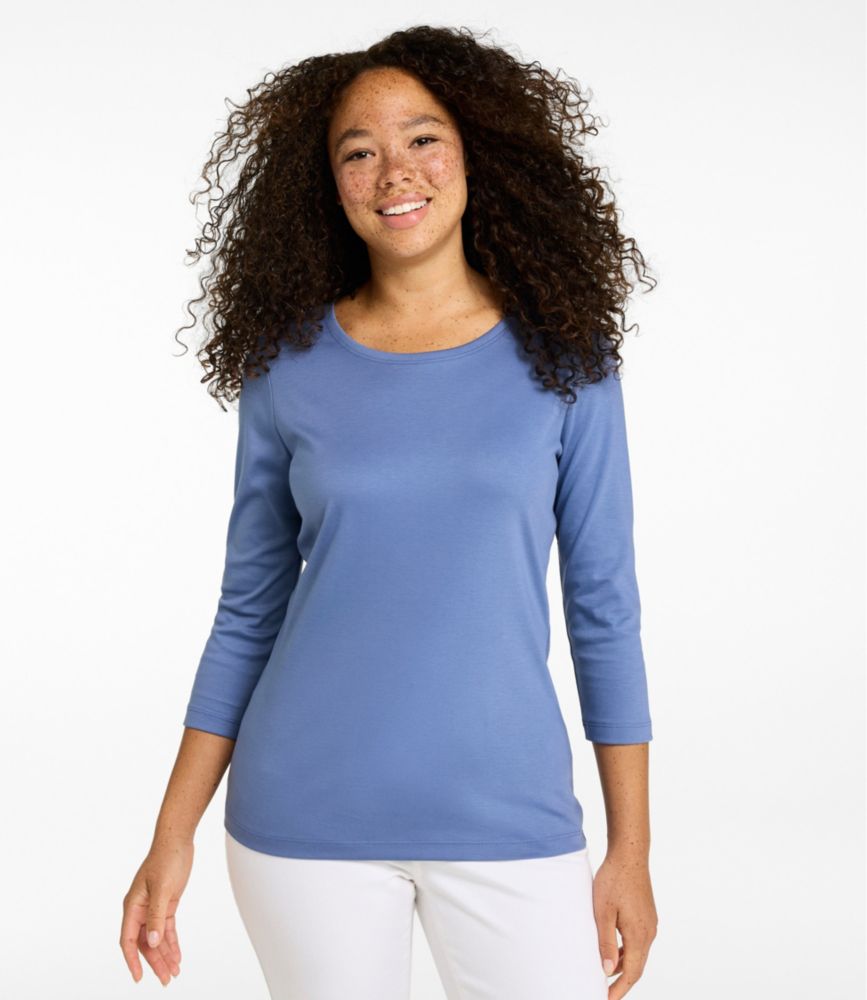 Women's Pima Cotton Shaped Tee, Three-Quarter-Sleeve Jewelneck - US 9470