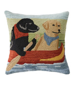 Indoor/Outdoor Hooked Pillow, Dogs in Canoe, 18" x 18" - US 7069