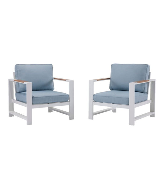 White Aluminum Deep Seating Armchair with Blue Cushions, Set of Two - US 8261