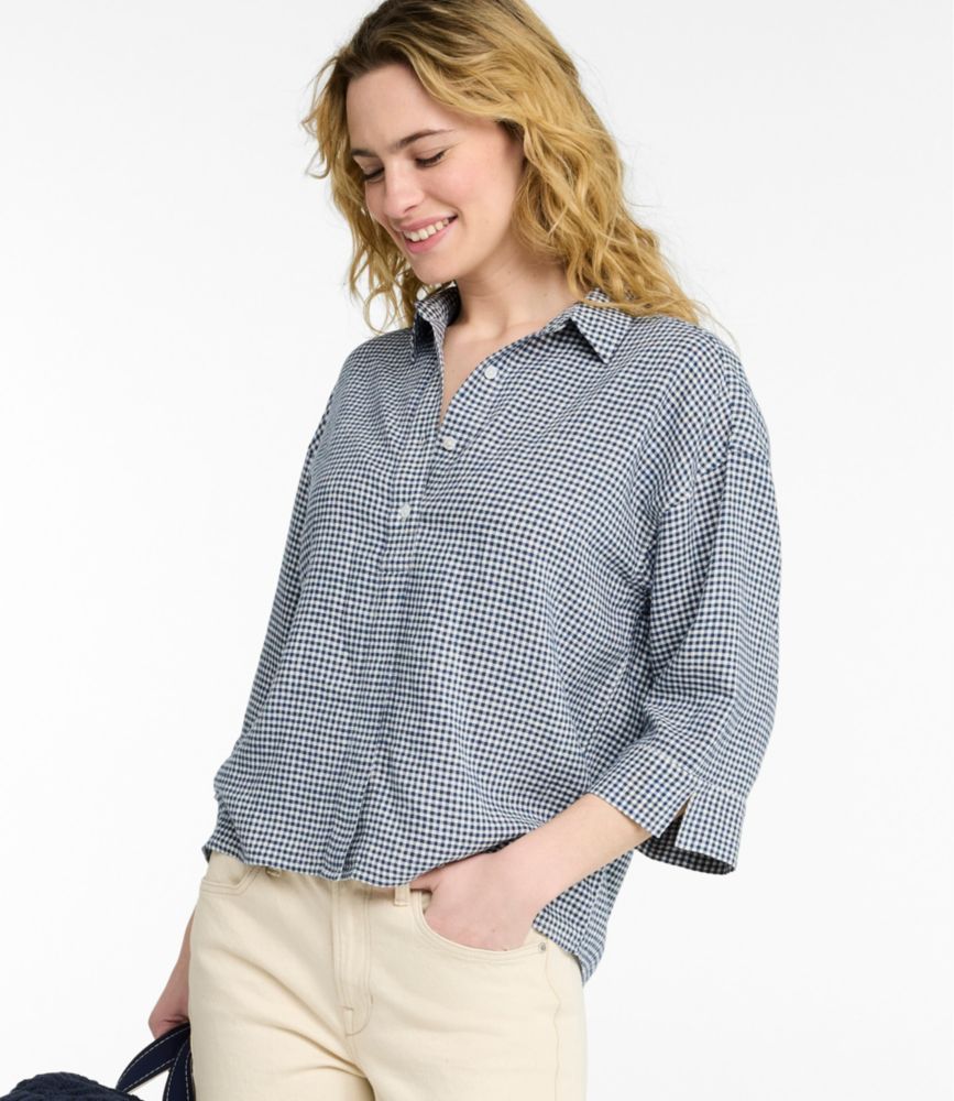 Women's Signature Linen-Blend Button-Front Shirt, Three-Quarter-Length Sleeve - US 4900