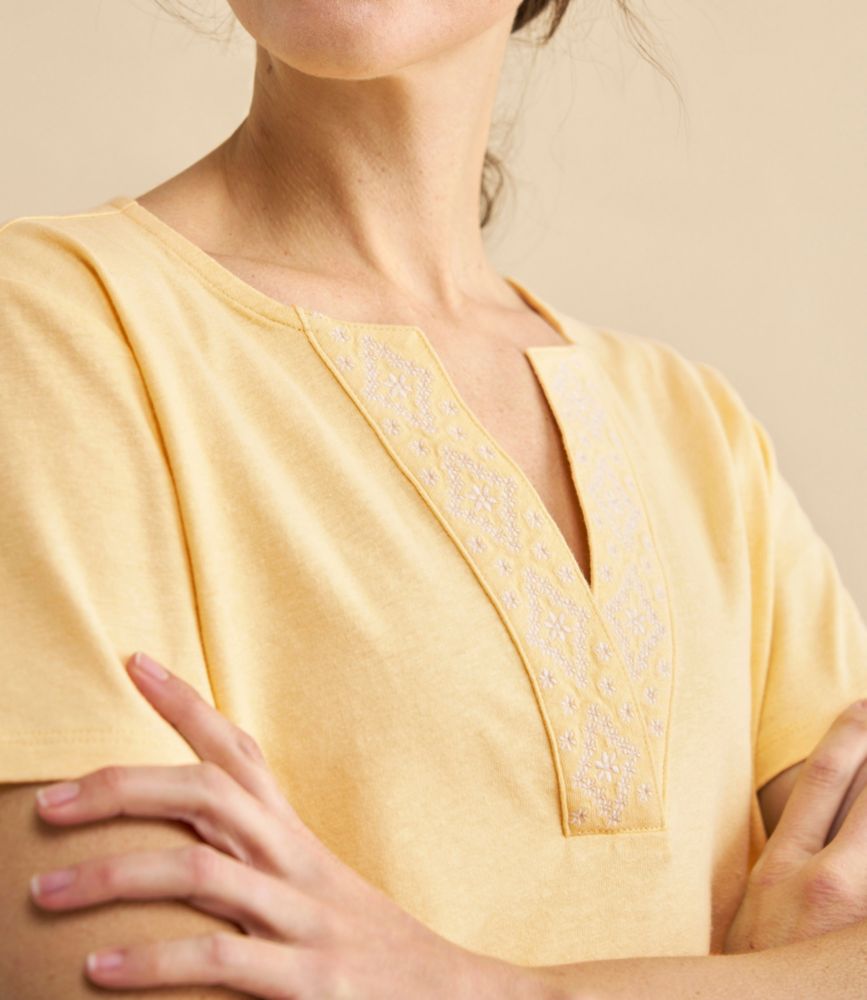 Women's Lakeside Linen/Cotton Tee, Short-Sleeve Embroidered Splitneck - US 5063