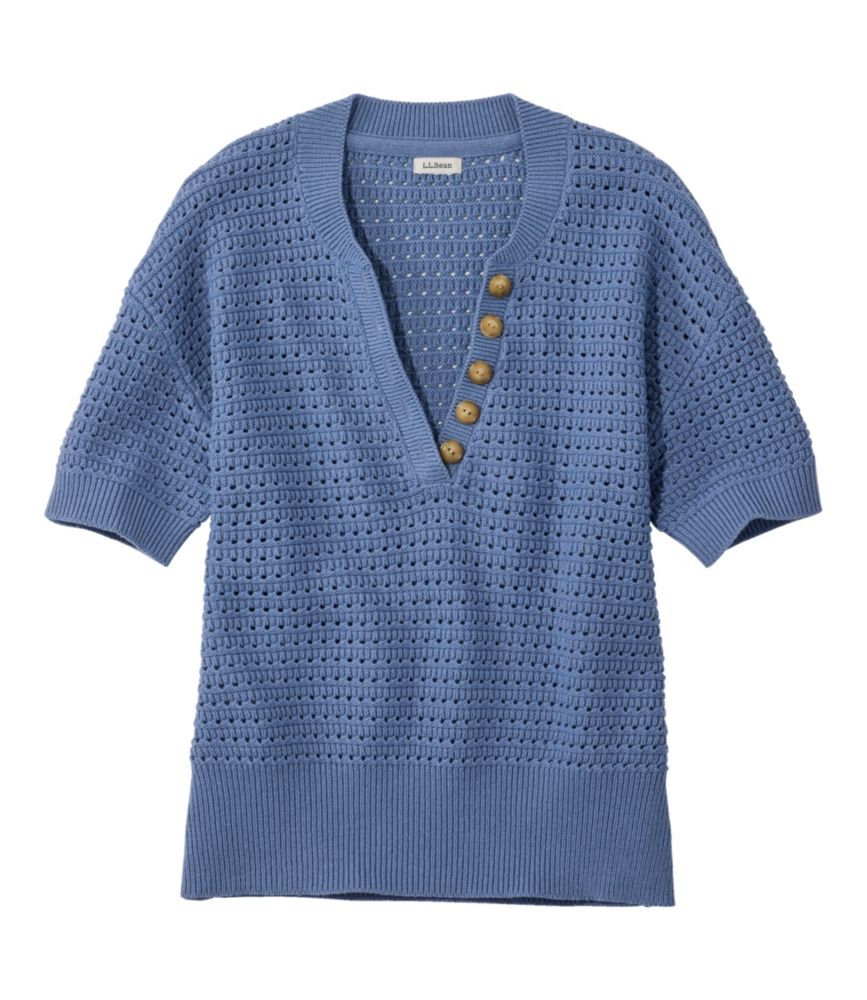 Women's Sunwashed Openwork Sweater, Short-Sleeve Henley - US 5918