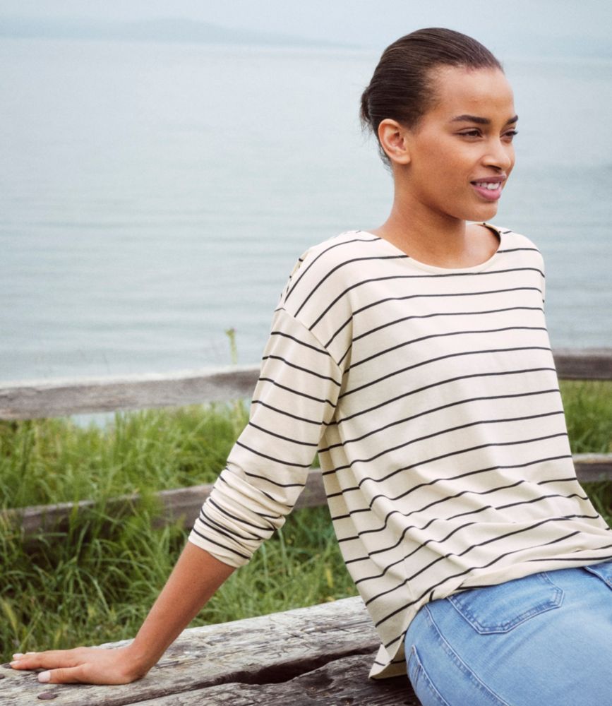 Women's Soft Stretch Supima-Blend Tee, Long Dolman-Sleeve Jewelneck Stripe - US 8652