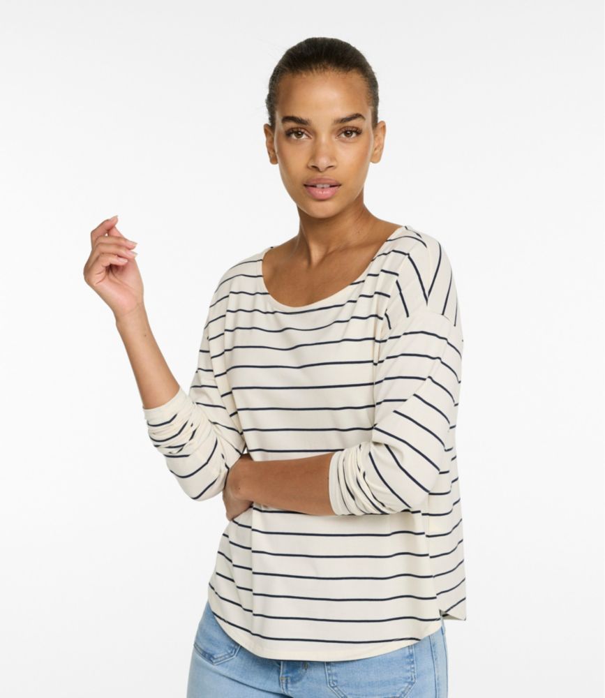 Women's Soft Stretch Supima-Blend Tee, Long Dolman-Sleeve Jewelneck Stripe - US 8652