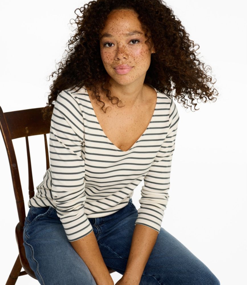 Women's Pima Cotton Tee, Long-Sleeve Open V-Neck Stripe - US 7662